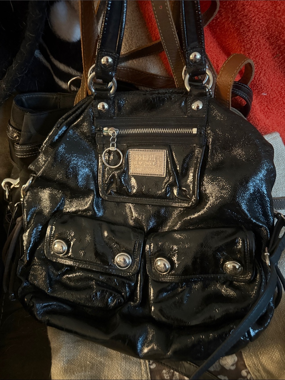 Coach Black Patent Shoulder Bag with Front Pockets